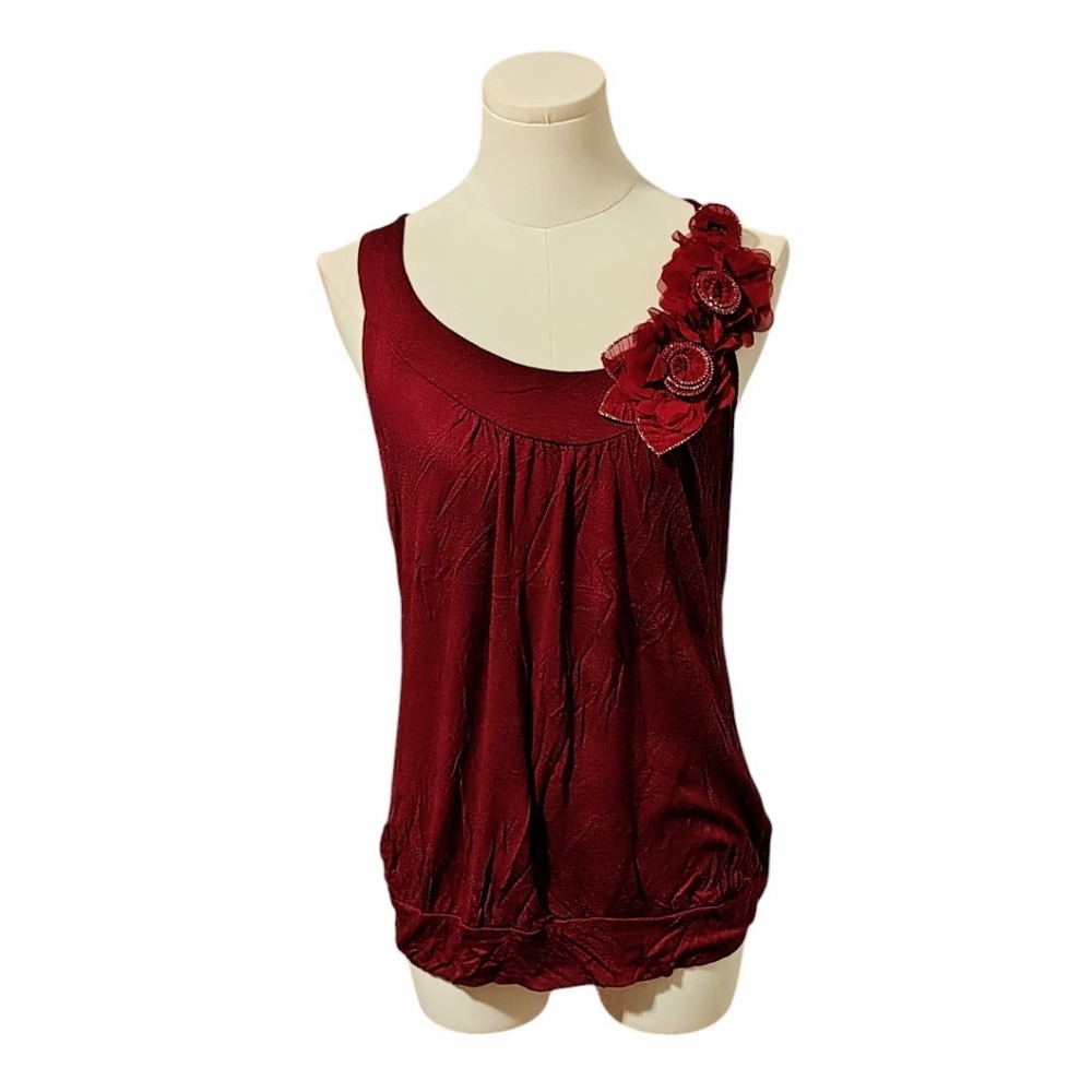 Vintage Y2K Finesse Burgundy Stretchy Tank Top Flower Neckline Size Medium